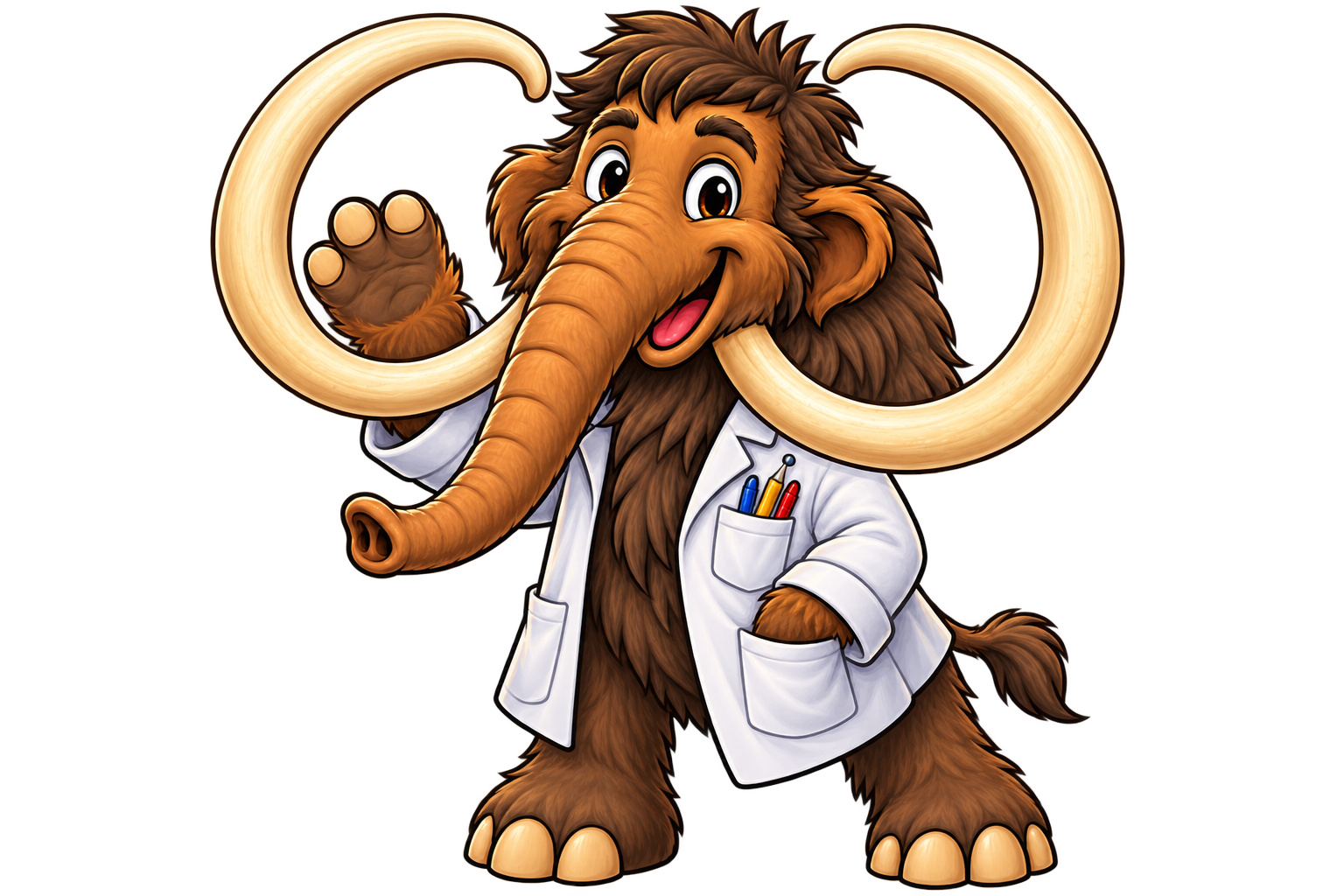 Columbo the mammoth in a lab coat