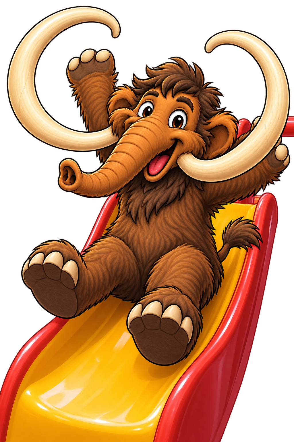 Columbo the mammoth coming down the slide